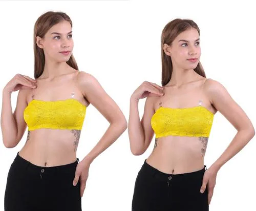 VS Beauti Lace Padded Non Wired Full Coverage Glam Sheer Bralette Strapless Tube Top Yellow Bra for Women's Pack of 2