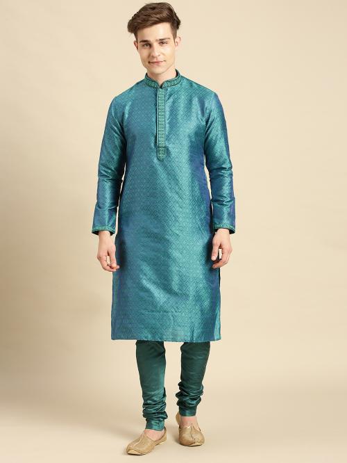 Sanwara Men's Woven Designer Jacquard Firozi Color Kurta Set