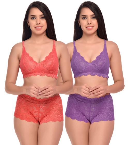 PIBU Trendy Style Red,Purple Bra Panty Set For Women Lingerie Set Pack of 2