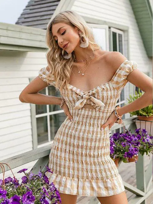 Women Yellow High Waist Grid Causal Elegant Sexy Tight Fitting Slim Short Dress (M)