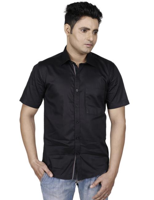 Zeal G Black Half Shirt for Men Casual Slim Fit Cotton shirt with Spread Collar Patch Pocket