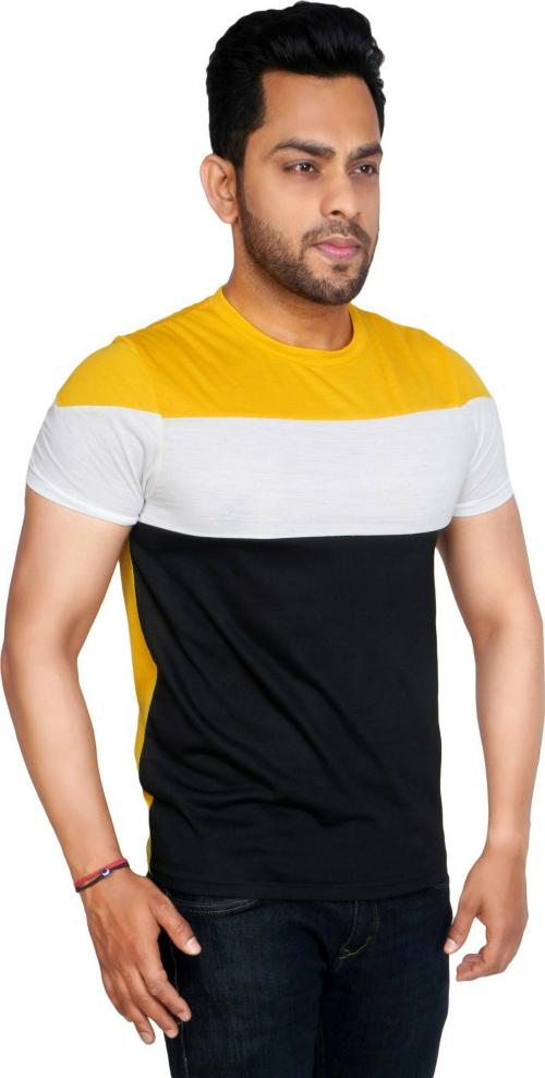 DYE VRGIN Tshirt Men Yellow Striped Polyester Round Neck T-Shirt, XL