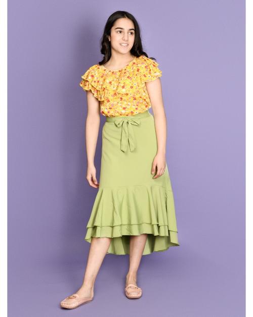 Lilpicks Girls Floral Yellow Layered Top With Green Asymmetrical Skirt Set