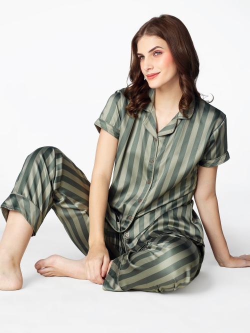 Zeyo Women's Cotton Stripes Printed Olive Green Night Suit Set of Shirt & Pyjama 5652
