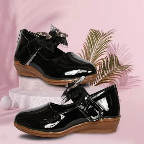 SUNMI FOOTWEAR Girl Shoes Sequins Stone Glitter Bow Knot Wedding Round-Closed Back and Loop Flat Belly Black