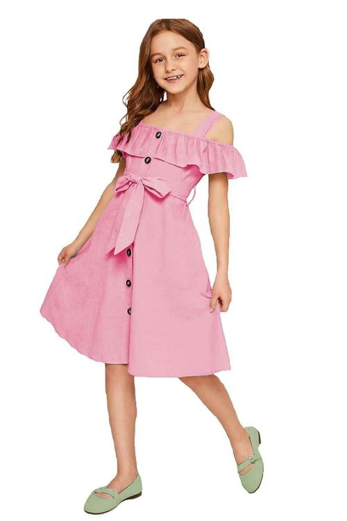 Colabo Fashion Baby Girls Solid Cotton Blend Off Shoulder Angel Fancy Dress Pink