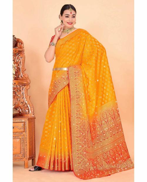 Saree Exotica Bataton Soft Silk With Rich Pallu Zari Weaving And Stone Work Yellow Color Saree