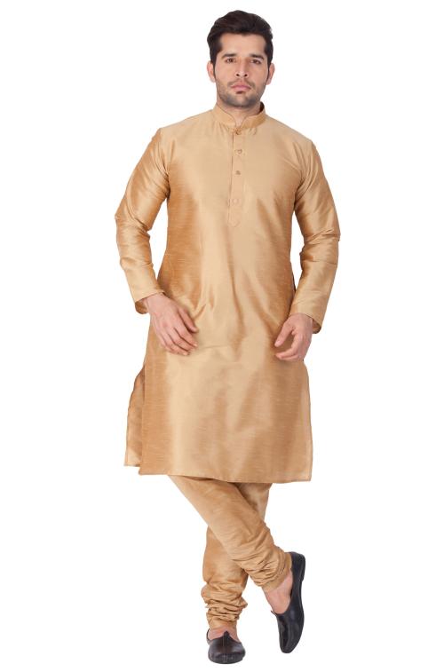 Vastramay Men's Gold Silk Blend Kurta Pyjama Set