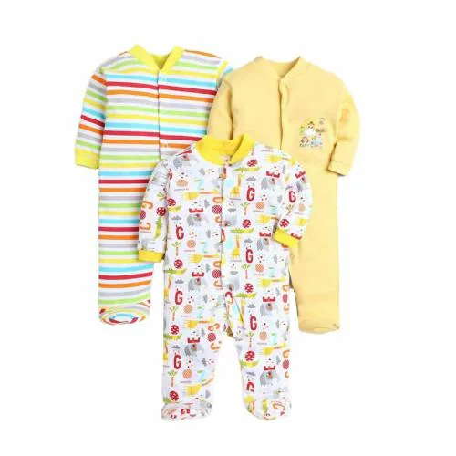 EIO 100% Cotton Newborn Rompers Sleepsuits Jumpsuit Night Suits for Baby Boys & Girls Pack of 3 (Yellow Rompers 6-9 Months)