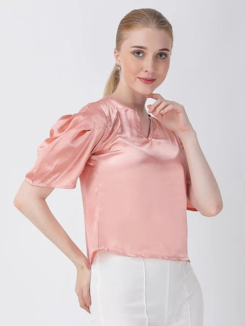 For U Stylish Satin Top For Women Casual Gathred Sleeve Tops For Girls Collage Outfit (Peach ) (M)