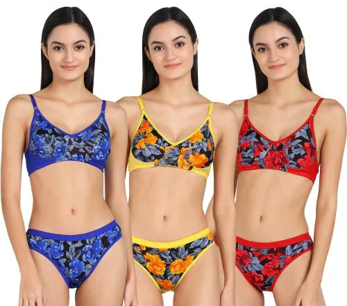 Samvar -Women Cotton Bra Panty Set for Lingerie Set ( Pack of 3 ) ( Color : Blue,Yellow,Red ) ( Pattern : Self Design )