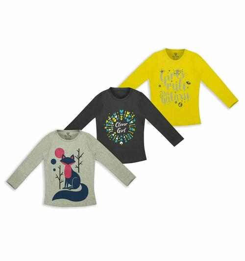 PIP N PAP Girls Multicolor Cotton T-Shirt (Pack of 3)