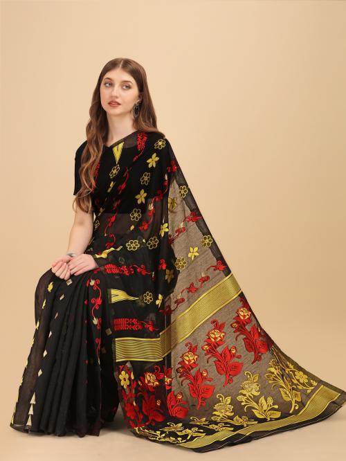 Women fancy Dhakai and Jamdani West Bengal type Woven saree Black