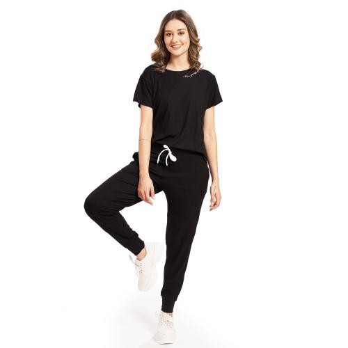 WEET Women Ribbed Track Suit T-Shirt Trackpant Co-ord Set (Black)
