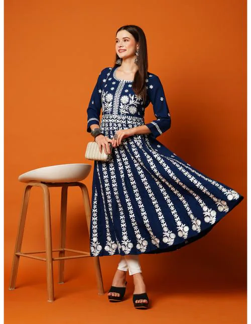 Shubhisha Fashion Women's Navy Blue Anarkali Floral Embroidered Chikankari Kurti