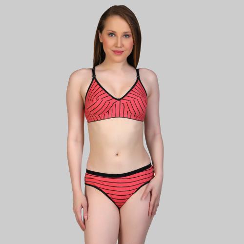 Yana Women Orange Striped Cotton Blend Set Of 3 Bra And Panty (36)