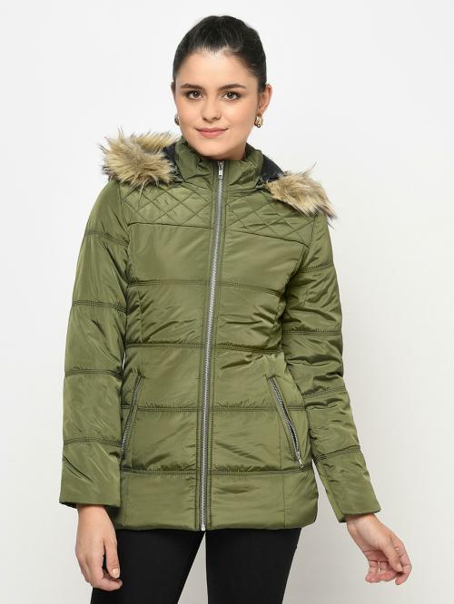 Trufit Women Dark Green Full Sleeves Solid Polyester Jacket With Removable Hood