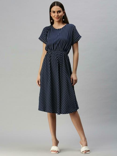 SHOW OFF Women's Navy Blue Striped Polyester A-Line Dress