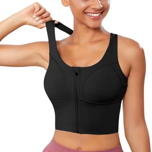 Glamoras Women Polyester Spandex Medium Impact Front Zip Sports Bra Longline Fitness Criss Cross Back Crop Tops Tank Gym Yoga Workout, Size: M-2XL