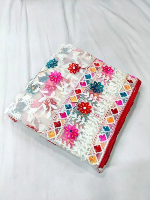 DHARMEE Women's Heavy Net Fancy Festival Phulkari White Dupatta For Women