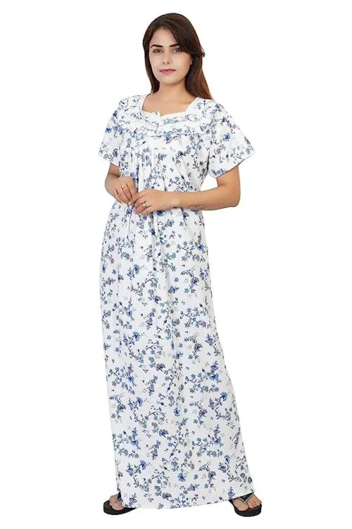 Buy DEEPSUNG(D. S) Women's Cotton NightyWhiteRedPrintedFloralBlue