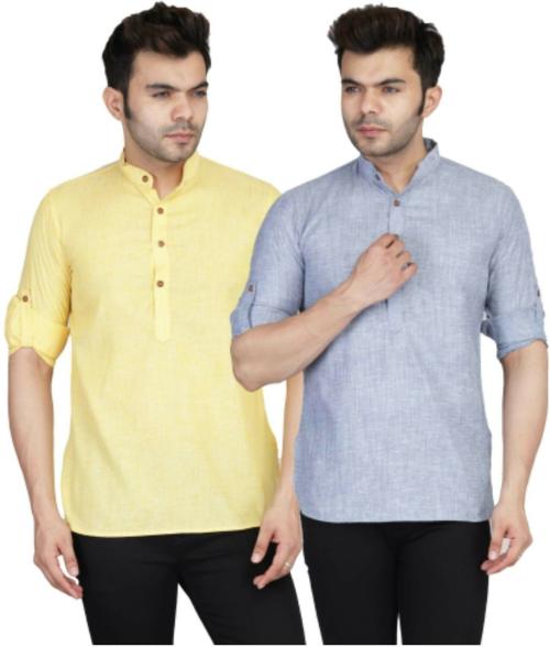 Tahvo Men Blue, Yellow Self Design Cotton Blend Pack Of 2 Casual Shirt (44)