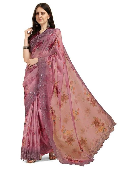 Dungrani Wine Printed Organza Women Saree With Blouse Pic
