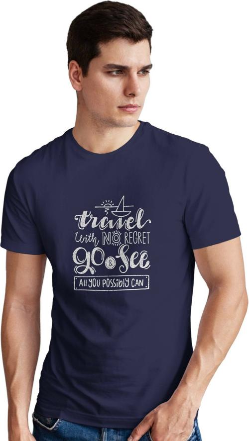 Dippy Drapes Men Blue Cotton Blend Typography Half Sleeve Travel With No Regret Round Neck T-Shirt