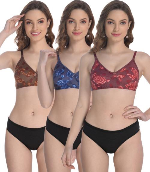 FIMS - Fashion is my style Women Multicolor Floral Cotton Blend Pack Of 3 Bra & Panty Set