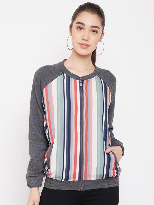 Buy Purys Women Grey Striped Fleece Casual Jacket Online at Best Prices