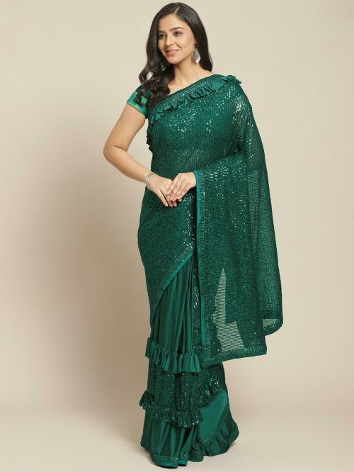 Chhabra 555 Deep Green Bling Lycra Ruffled Saree with Festive Layering & Sequence Sheet Embroidery