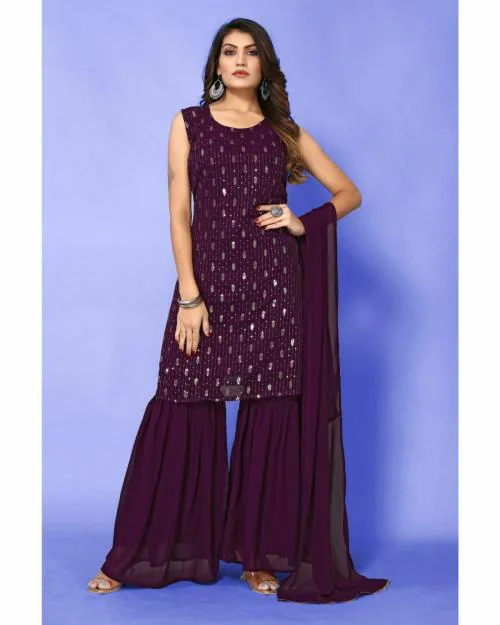 Happy Design Women Wine Embellished Georgette Kurta Sharara & Dupatta Set