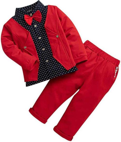 LA3MINE Baby Boys And Baby Girls Red Polka Cotton Blend Party Blazer Pant, Bow Tie (12-18 M)
