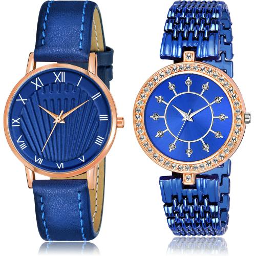 TIMENTER Classical Fashionable Roman Numbers And Bangle Blue Colour Analog Genuine Leather And Stainless Steel Belt 2 Watch Combo For Women And Girls - GW52-GL280