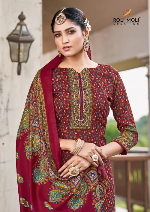 THE JAZZBAAT Women's Unstitched kashmiri Print Swaroski Woolen Pashmina Salwar Suit Dress Material with Pashmina Printed Shawl Dupatta | Unstitched Dress Material For Women | Free Size (Maroon)