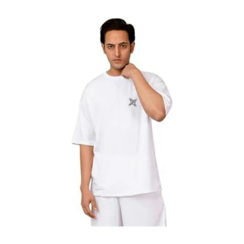 MONTERA INDIA ELEVATE YOUR STYLE Cotton Blend Oversized Half Sleeve T-Shirt Breathable, Active Comfort, Relaxed Fit, Trendy Menswear Colour-White (Size-L)