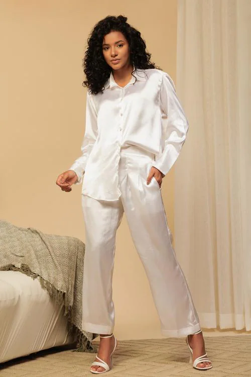 Urban Sundari White Polyester Shirt Collar Solid Full Sleeves Pant Top Set Co-Ord Set For Women