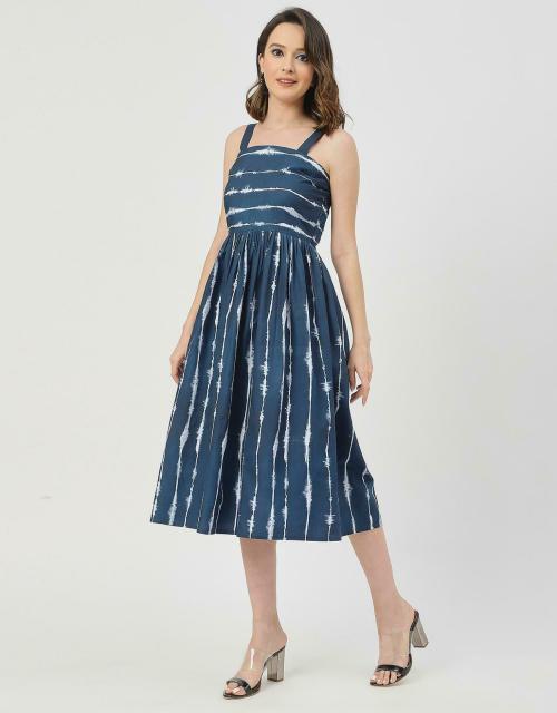 Moomaya Sleeveless Square Neck Fit And Flare Cotton - Regular Fit, Women's Dress