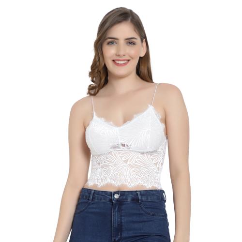 F Fashiol.com Women Cotton Lace Spandex Padded Wire Free Spaghetti Strap Floral Lace V-Neck Camisole with Removable Pads