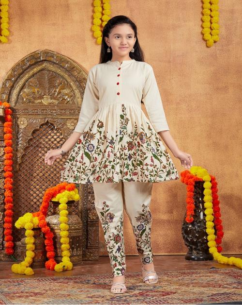 Muhuratam Girls Party Wear Cream Colour Floral Print Cotton Kurti Pant Set