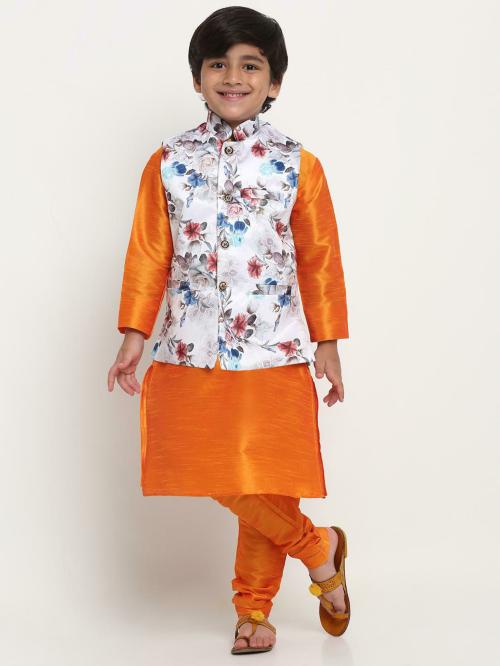 Benstoke Boys Mustard & White Floral Silk Blend Kurta Pyjama Set