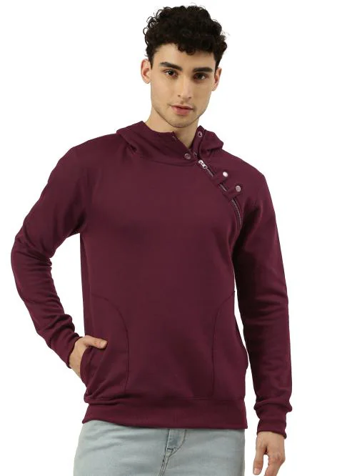 Maniac Printed Mens Full sleeve Hooded Neck Half Zip Maroon Cotton Slim Fit Sweatshirt