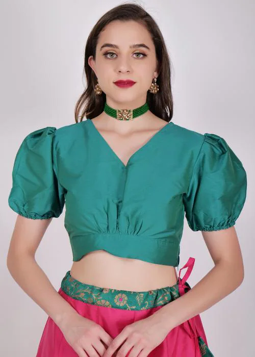 FR Frolic Rolic Women's Girls Silk Puff Sleeve Solid V-Neck Crop Top Blouse for Party Wedding Festive