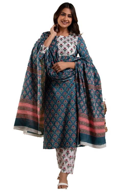 Clickedia Womens Fully Stitched Cotton Printed Straight Kurti with Gotta Patti , Lace and Cotton Dupatta with Pants Jaipuri Salwar Suit