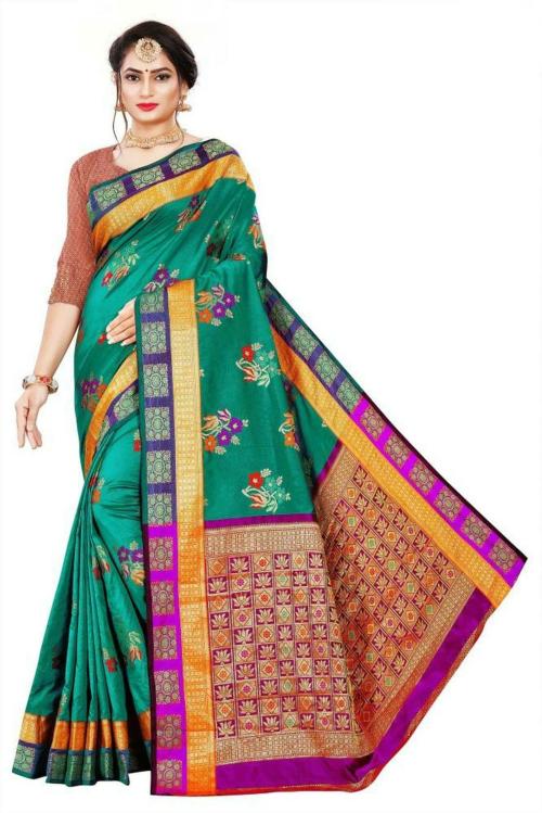 RIVANA Women Green Woven Silk Blend and Cotton Blend Banarasi Saree