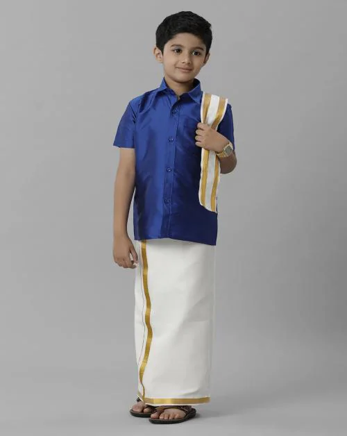 Ramraj Cotton Boys Blue Shirt and Cream Dhoti With Towel