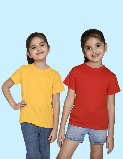 NUSYL Girls Solid Yellow,Red T-shirts combo pack of 2