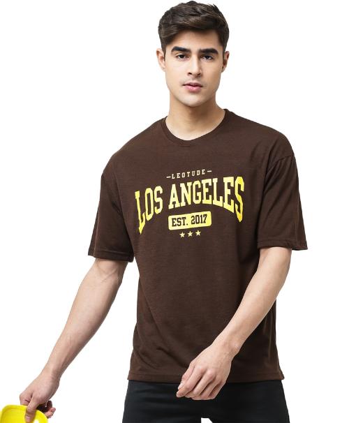LEOTUDE Oversized Brown Cottonblend Half Sleeve T-Shirt for Men's