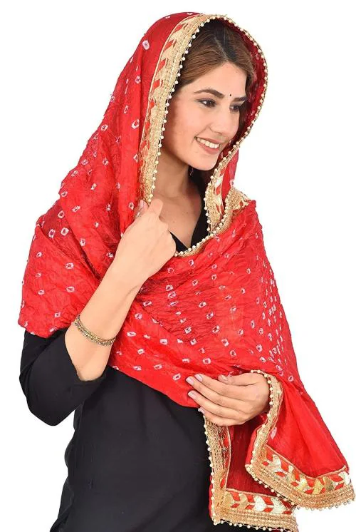 PK HUB Women Red Bandhani Silk Bandhej Dupatta - 2.2 m