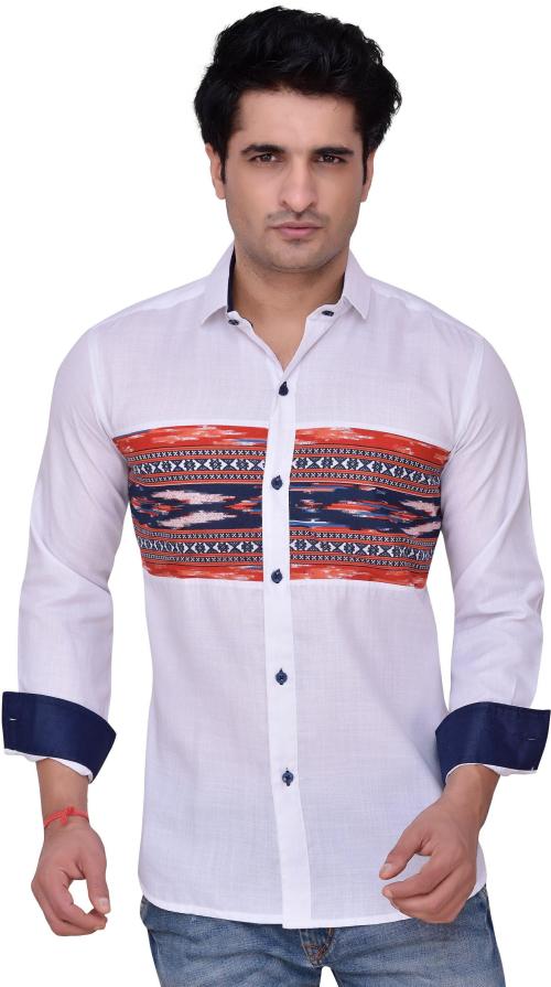 PP SHIRTS Men White Printed Cotton Blend Casual Shirt (M)